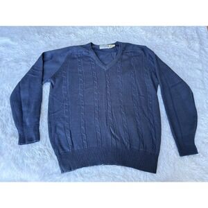 Mens Vintage Blue Cable Knit Sweater V-Neck Acrylic Large Preppy
